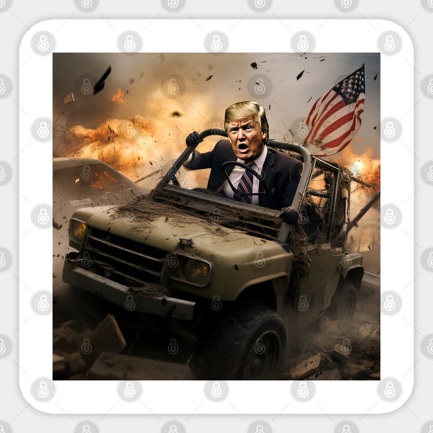 Trump riding car on construction site Sticker by Maverick Media